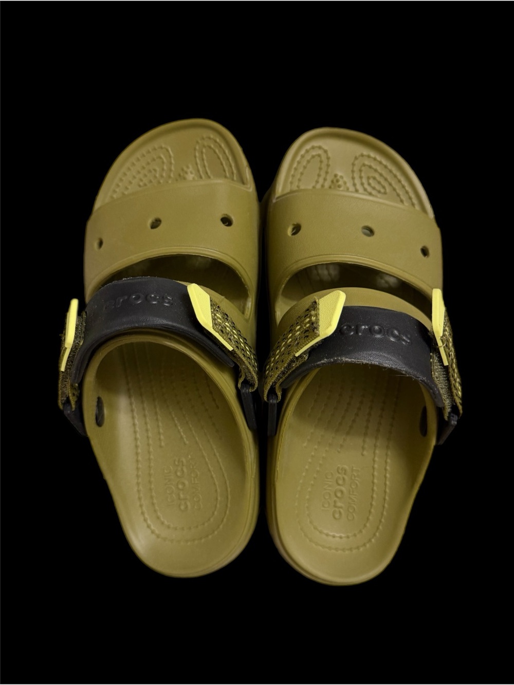 CROCS Olive Green Slides with Black Strap and Yellow Accents
